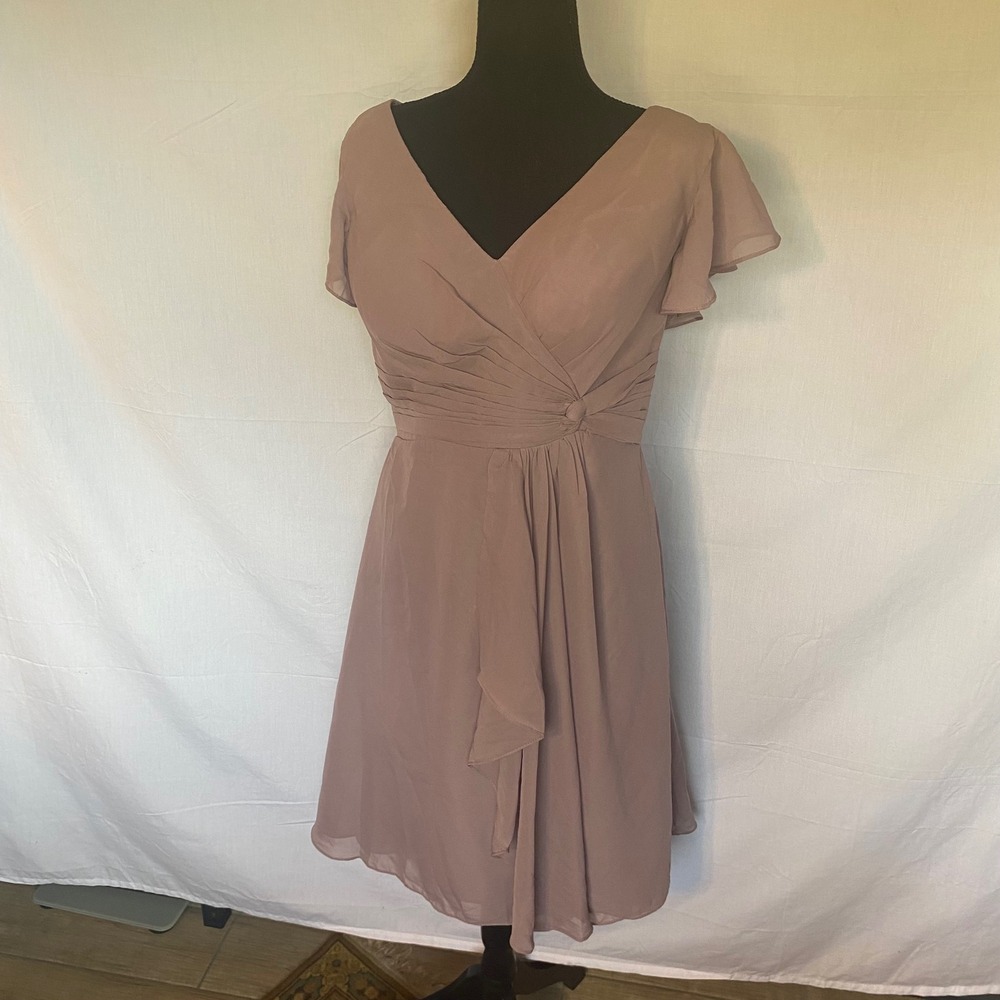 Womens V Neck Flutter Sleeve Ruched‎ Waist Midi Dress Mauvish Tan Size 6